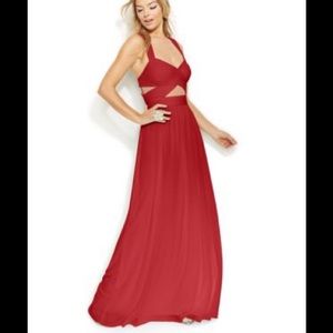 Formal red dress.