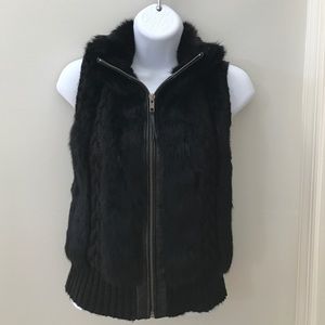 Black Rabbit Fur Vest with Leather Trim Zipper.