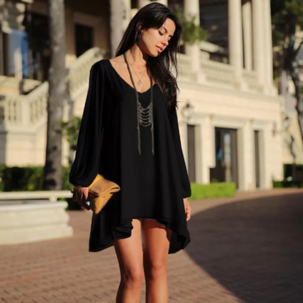 Black v neck chiffon Mini Dress S