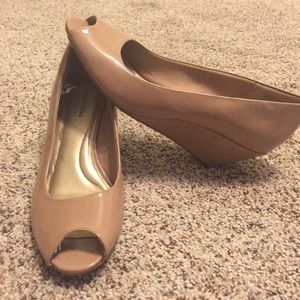 Shiny Nude Peep Toe Wedges - Size 9