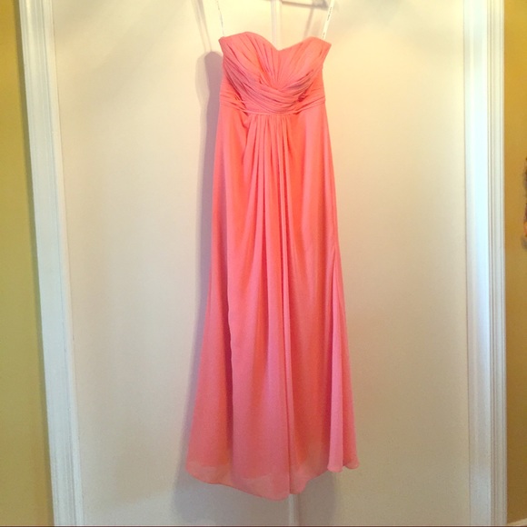 Long strapless chiffon dress with pleated bodice