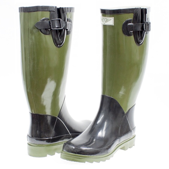 Women's Army Green & Black Rubber Rain Boots - Picture 2 of 3