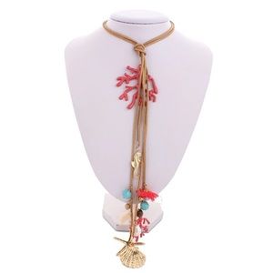 Leather toggled seashell coral statement necklace