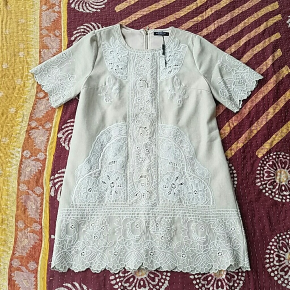 benny phil  Dresses & Skirts - Nude Floral Embroidered Shift Mini Dress L