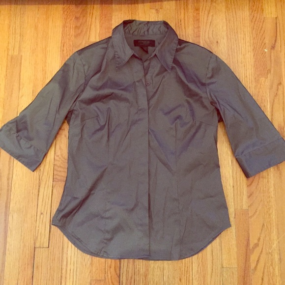 Gray, metallic, shiny button down top