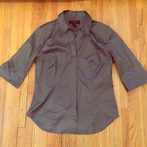 Gray, metallic, shiny button down top