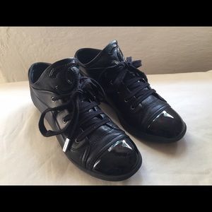 CHANEL Size 37.5 Black Lace Up Leather Sneakers