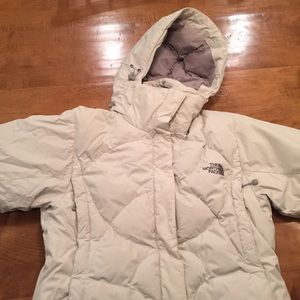 Down ski coat w/ removable hood and snow skirt