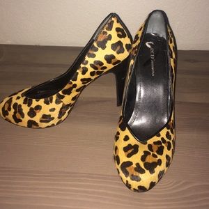 BCBG faux calf skin cheetah print platform pumps