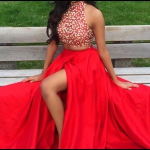 Beaded high neck two piece with satin skirt
