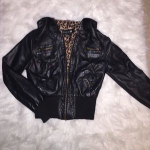 Hooded faux ribbed leather jacket