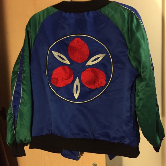 Multicolor silky bomber jacket with embroidery