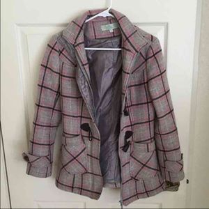 Gray and pink plaid pea coat