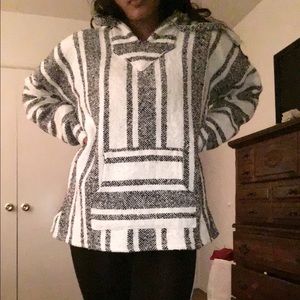 Short Vee Black and White striped Pancho