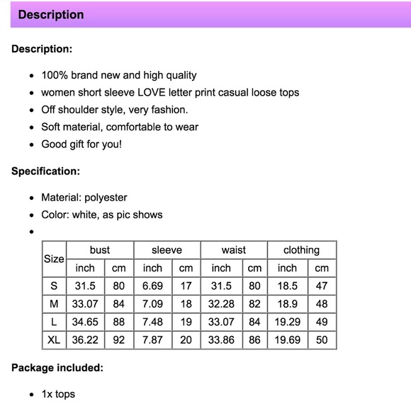 Women's top XL off shoulder white lover letter new - Picture 3 of 3