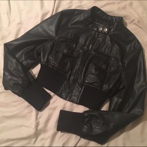 Cropped black leather jacket