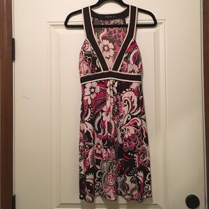 Retro Print Razorback Dress with Deep V Neckline
