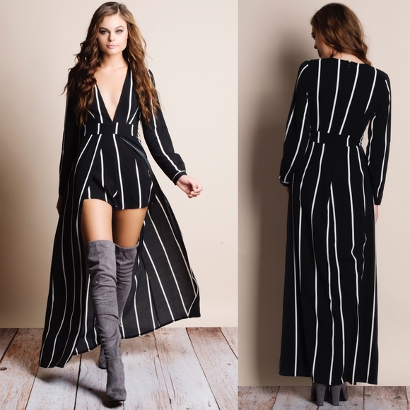 1HRSALE "Homage" Striped Long Sleeve Maxi Romper - Picture 2 of 4