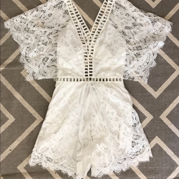 Nasty Gal Other - White lace romper with deep v