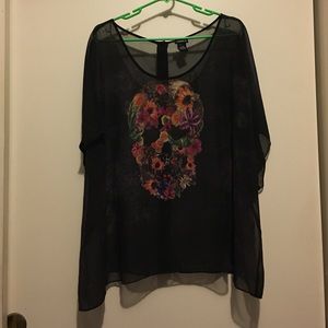 Sheer black Skull print Top w/ button back