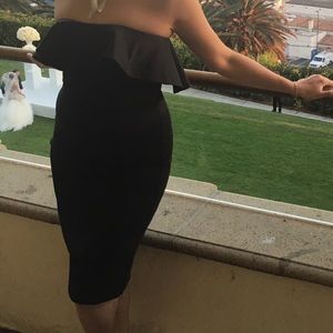 Strapless bardot dress. Classic black dress.