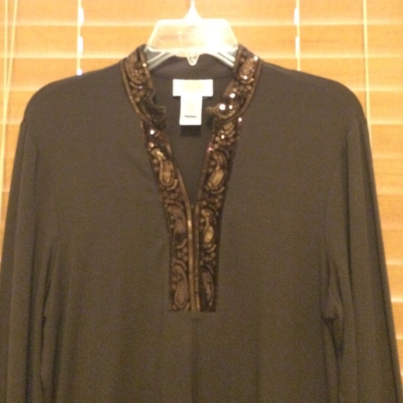 Talbots Petite long sleeve brown sequin trim top - Picture 1 of 4