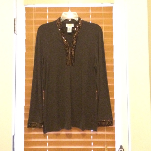 Talbots Petite long sleeve brown sequin trim top - Picture 2 of 4