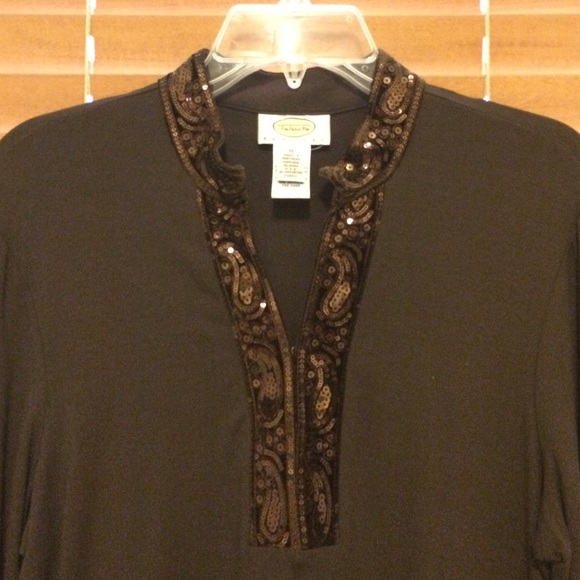 Talbots Petite long sleeve brown sequin trim top - Picture 3 of 4