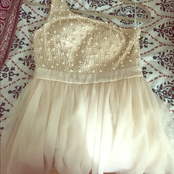 One-shoulder, beaded party dress by Minuet