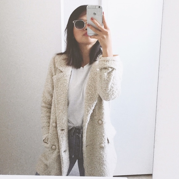 Beige Long Boucle Coat / Peacoat