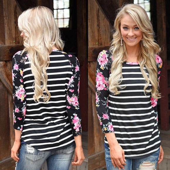 { RESTOCKED } Floral & Strips Baseball Tee - Picture 3 of 4