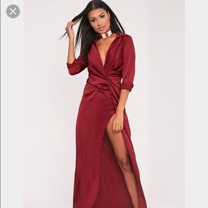 Burgundy satin twist wrap maxi dress