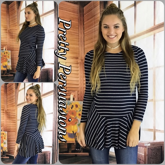 CLEARANCE‼️ Navy Gray Striped Ruffle Hem Tunic Top - Picture 2 of 4