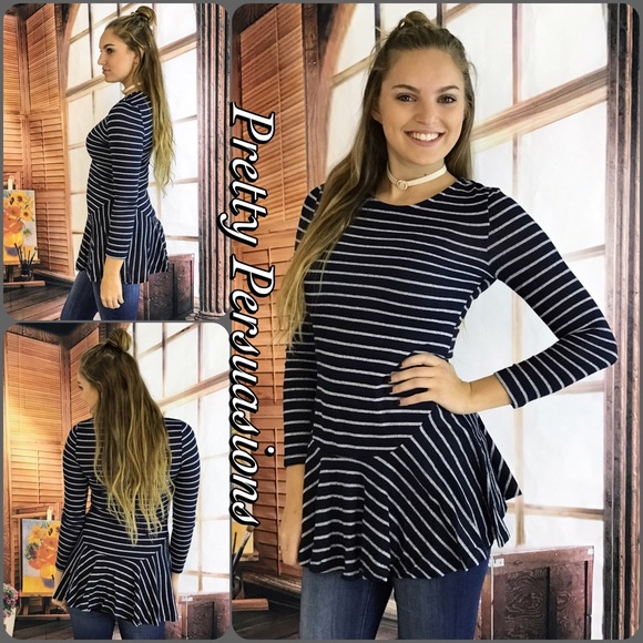 CLEARANCE‼️ Navy Gray Striped Ruffle Hem Tunic Top - Picture 3 of 4