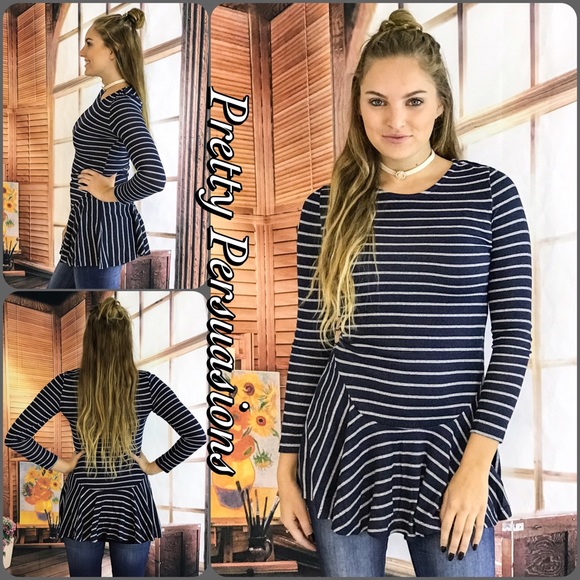CLEARANCE‼️ Navy Gray Striped Ruffle Hem Tunic Top - Picture 4 of 4