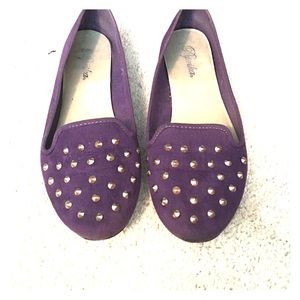 Purple loafers with gold spike studs