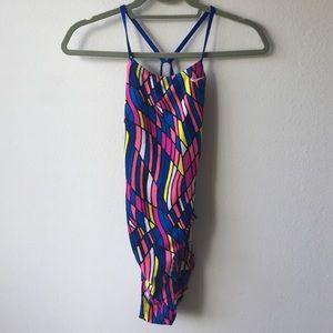 Speedo, multi-colored, open-back practice suit.
