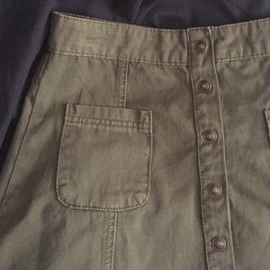 Olive green denim button up high-waisted skirt