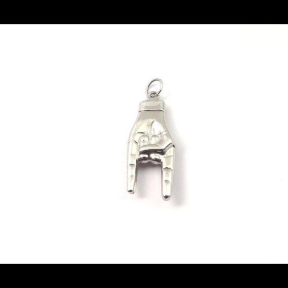 14k White Gold Good Luck Hand Sign Language Charm Gem