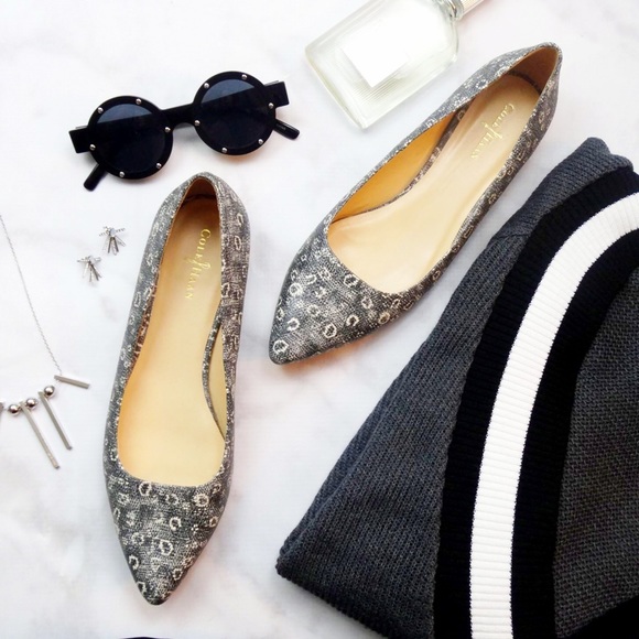 Cole Haan Shoes - Black and White Embossed Leather Pointed Toe Flats