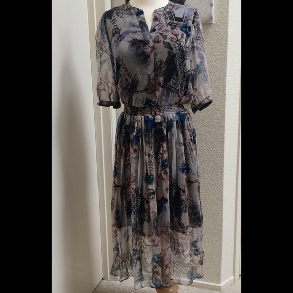 Silk  quarter sleeve midi print dress  new