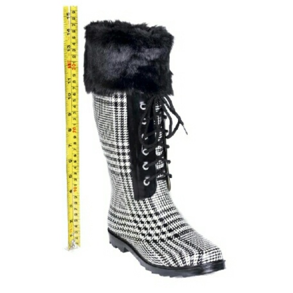 B&W Fur Cuff Laced Rubber Rainboots 14" RB1803 - Picture 2 of 4