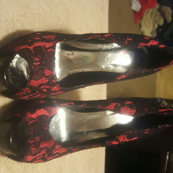 Red and black lace heels