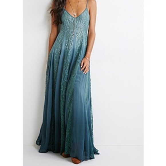 Teal Lace Panel Maxi Dress
