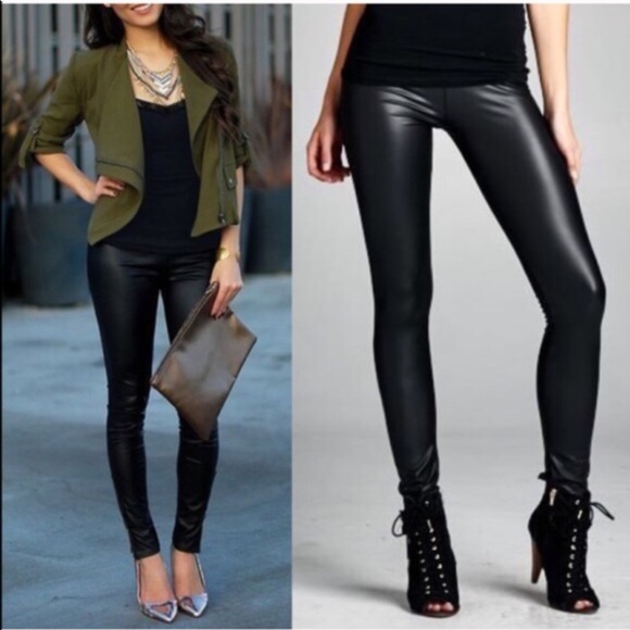 Black Vegan Leather Matte Slick Leggings - Picture 4 of 5