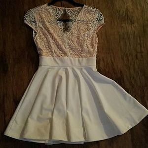 White and peach lace dress with low back
