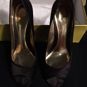 Brown silk peep toe Enzo heels