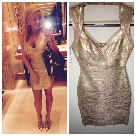 Herve Leger "Iman" Gold Champagne Dress
