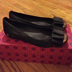 Tory Burch Bow Black Satin Flats with Gold Cap