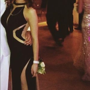 black and sheer high neck long prom/ball gown